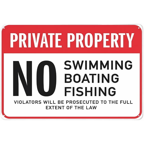 Private Property No Swimming Boating Fishing Sign - 8"x12" Grade Reflective Aluminum Sign, Weather Resistant Waterproof Easy to Mount