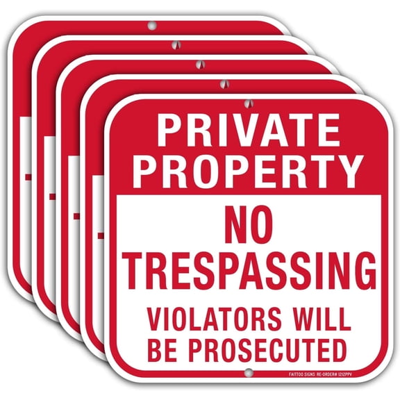 Private Property No Trespassing Sign,5 Pack 12 x 12 Inches Square .040 Rust Free Aluminum