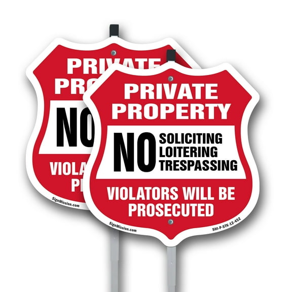 Private Property Shield Sign No Soliciting Loitering Trespassing. Violators Will Be Prosecuted (2 Pack) 12 inch X 12 inch Shield Shaped Rust-Free Aluminum Metal Signs with Aluminum