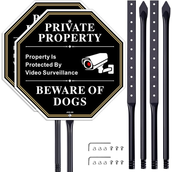 Private Property Sign with 35-Inch Stake - 1212 Inch Beware of Dogs & Video Surveillance Metal Warning Sign, Durable Outdoor Security Sign for Yard, Driveway, Fence, Home Protection