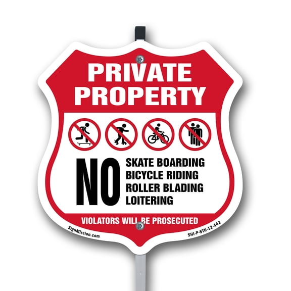 Private Property No Skateboarding Bicycle Riding Roller Blading Loitering. Violators Will Be Prosecuted 12 inch X 12 inch Shield Shaped Rust-Free Aluminum Metal Sign with Aluminum