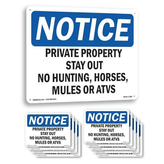 Private Property Stay Out No Hunting Horses OSHA Notice Aluminum Sign 14 Inch x 10 Inch - 10 Pack