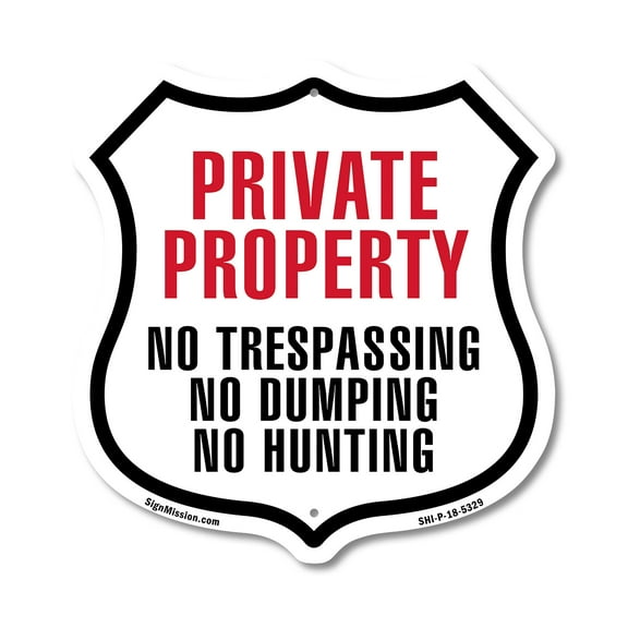 Private Property No Trespassing No Dumping No Hunting (5 Pack) 12 inch X 12 inch Shield-Shaped Rust-Free Aluminum Metal Signs Weather Resistant Made in the USA