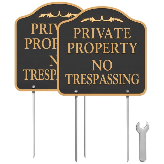 Private Property No Trespassing Sign 2 Pack, 11 x 11 in Metal Signs with Poles and Mounting Kit, Long-Lasting Aluminum with Black Background and Gold Lettering, Weatherproof No Trespassing Yard Signs