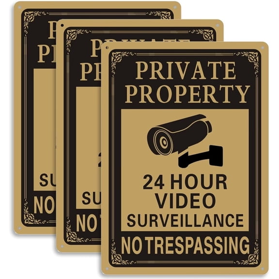 Private Property No Trespassing Sign, 24 Hours CCTV Camera Video Surveillance Warning Sign | 10" x 7" Rust Free Aluminum Easy Mounting Fade Resistance, 3 Pack
