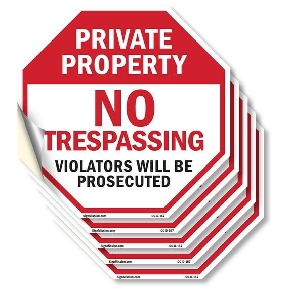 Private Property No Trespassing Violators Will Be Prosecuted (5 Pack) 4 inch X 4 inch Octagon Vinyl Label Decal Sticker Weather Resistant, UV Protected for Workplace, Made in the USA