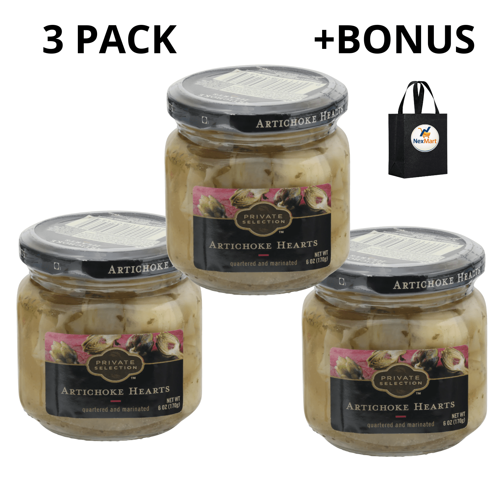 Private Selection Artichoke Hearts, Quartered and Marinated, 6 oz (170g) , 3 Pack + Bonus