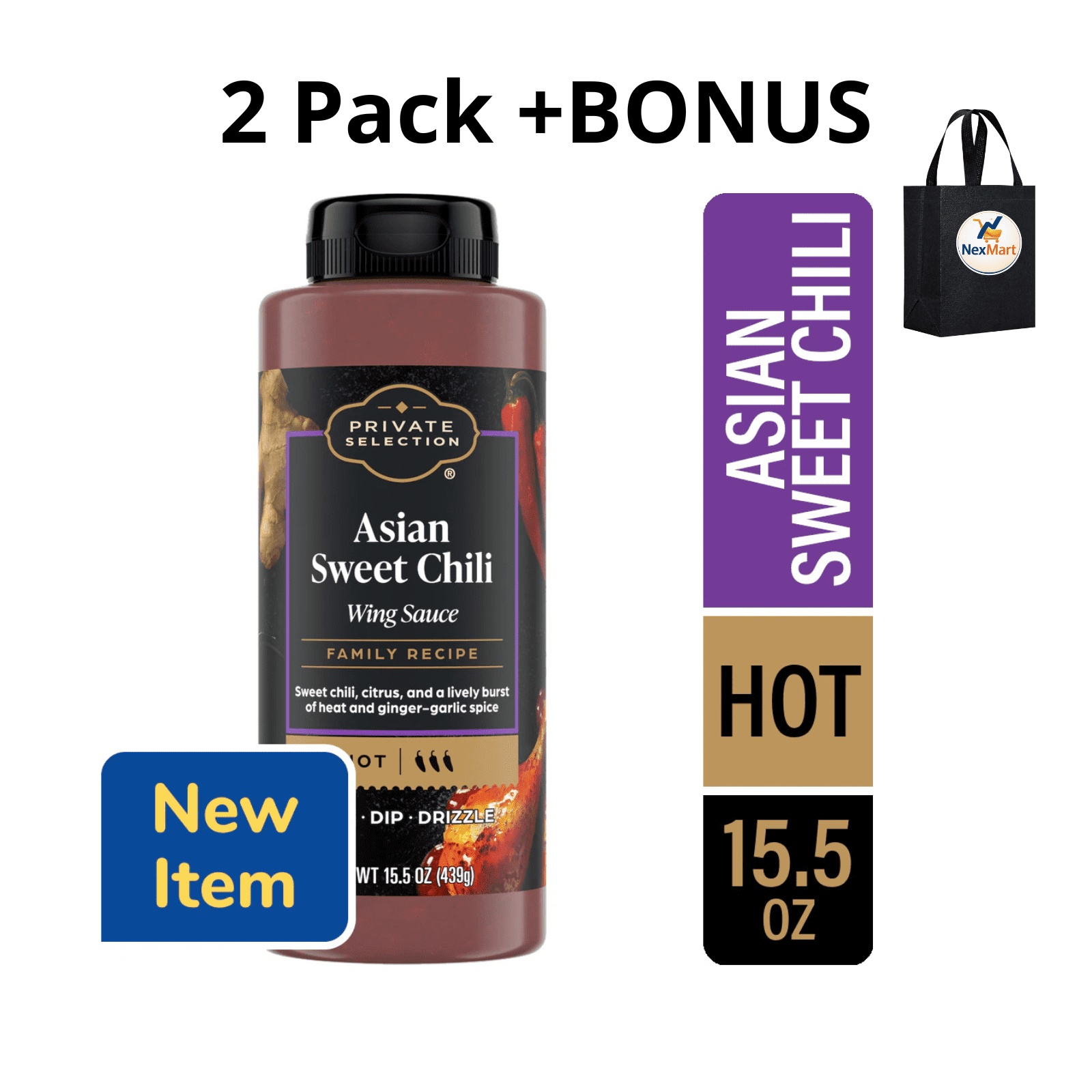 Private Selection Asian Sweet Chili Wing Sauce, Family Recipe, Hot, 15.5 Oz , 2 Pack + Bonus
