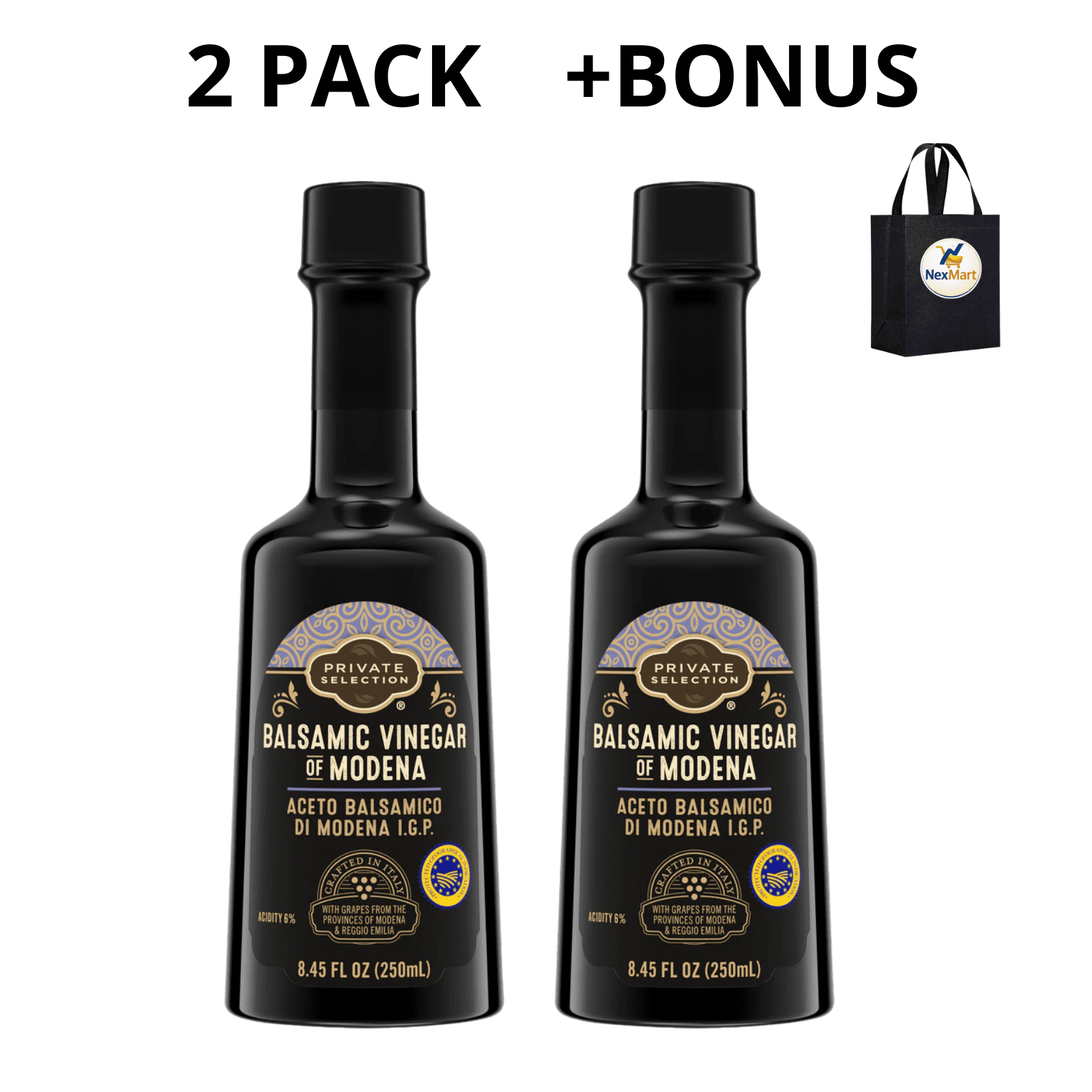 Private Selection Balsamic Vinegar of Modena I.G.P., 6% Acidity, 8.45 fl oz (250mL) , 2 Pack + Bonus