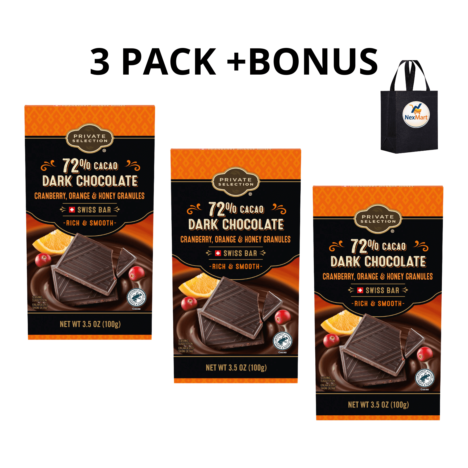 Private Selection Dark Chocolate Swiss Bar Cranberry Orange and Honey 72 Percent Cacao 3.5 oz , 3 Pack + Bonus