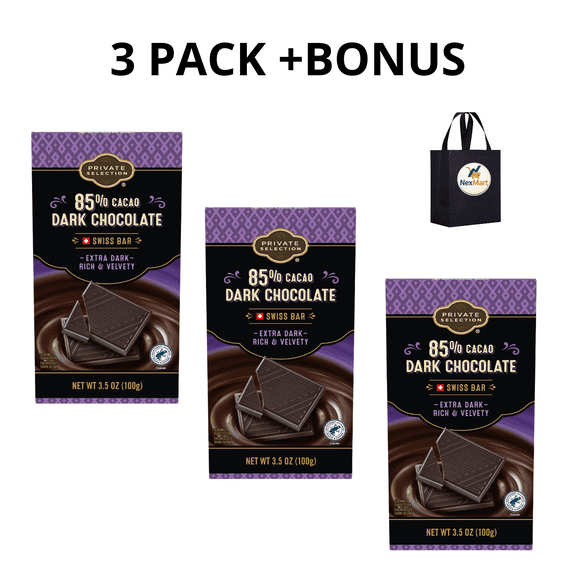 Private Selection Dark Chocolate Swiss Candy Bar 85% Cacao Extra Dark 3.5 oz , 3 Pack + Bonus