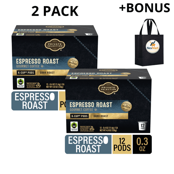 Private Selection Espresso Roast Gourmet Coffee K-Cup Pods Dark Roast Fair Trade Certified Robust Arabica Beans 12 Count 4.8 oz , 2 Pack + Bonus