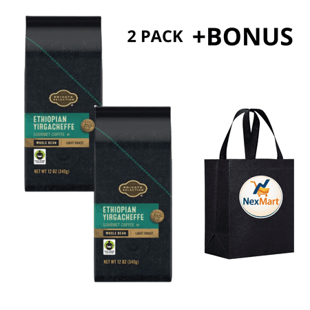 Private Selection Ethiopian Yirgacheffe Whole Bean Coffee, Light Roast, Fair Trade, 12 oz , 2 Pack