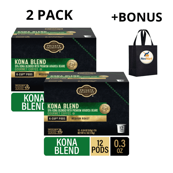 Private Selection Kona Blend Gourmet Coffee K-Cup Pods Medium Roast 12 Count 4.1 Oz, 2 Pack + Bonus