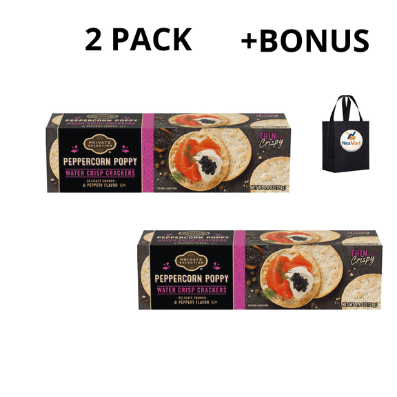 Private Selection Peppercorn Poppy Water Crisp Crackers Thin Crispy 4.4 oz , 2 Pack + Bonus