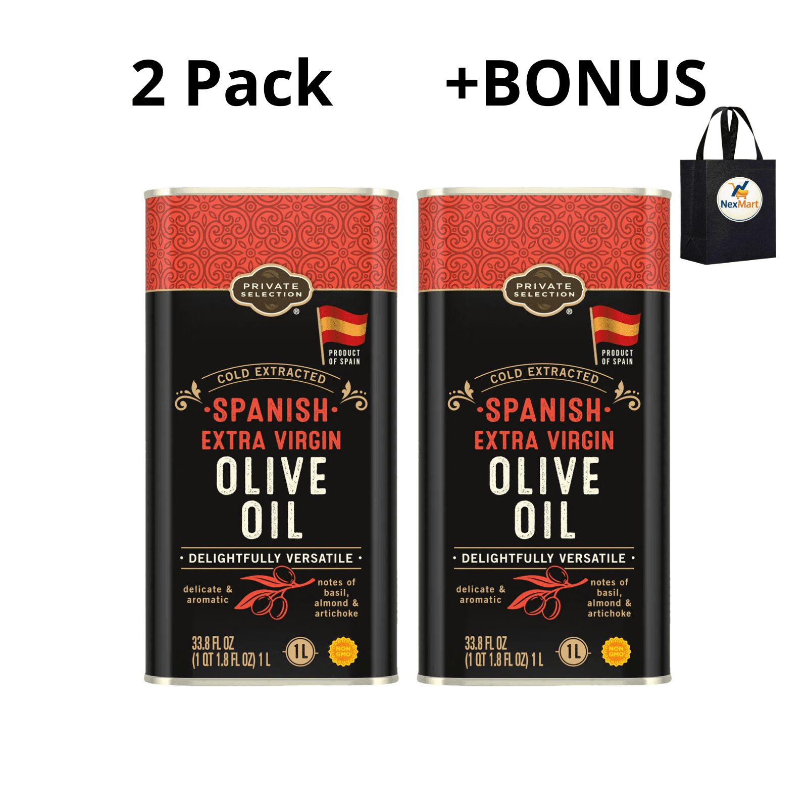 Private Selection Spanish Extra Virgin Olive Oil, Cold Extracted, Delicate & Aromatic, Product of Spain, 33.8 fl oz (1 L) , 2 Pack + Bonus