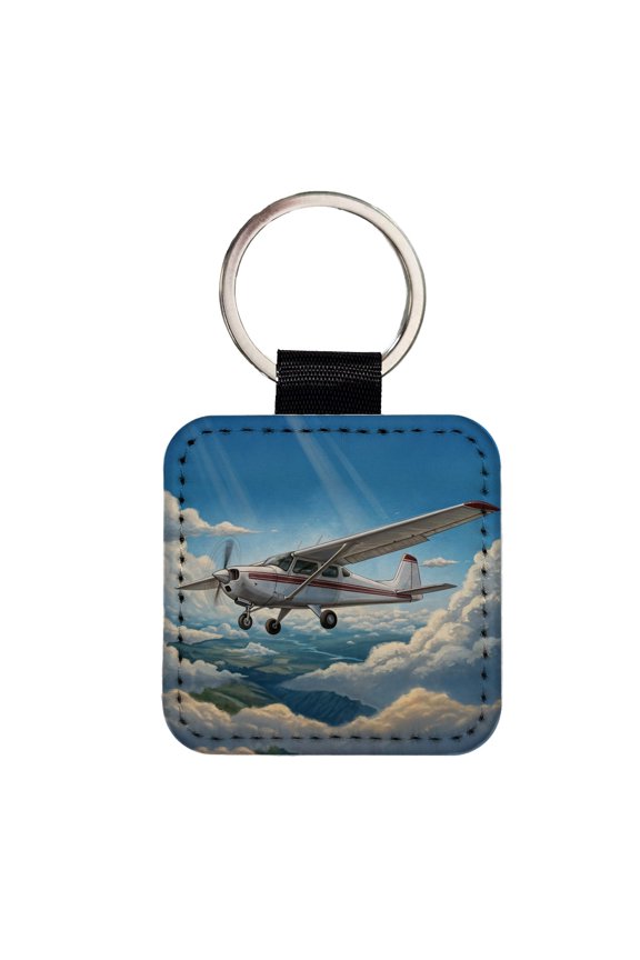 Private Single Prop Plane In Flight Faux Leather Square Keychain