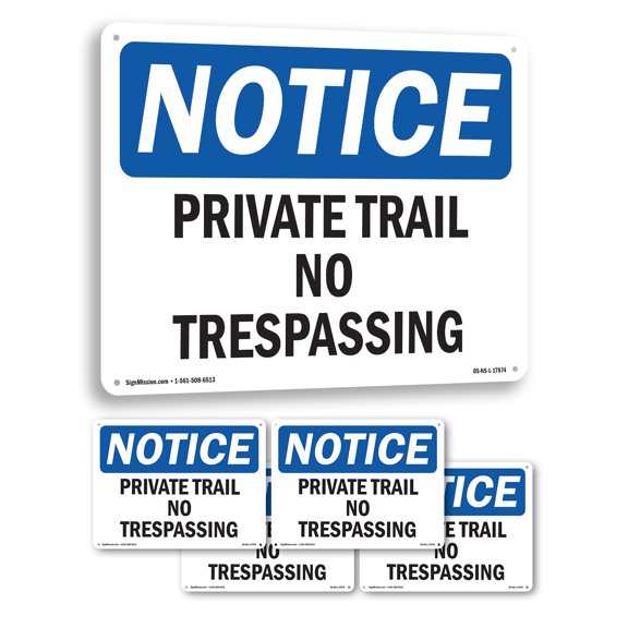 Private Trail No Trespassing OSHA Notice Rigid Plastic Sign 10 Inch x 7 Inch - 5 Pack
