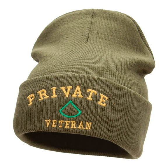 Private Veteran Embroidered Long Knitted Beanie - Olive OSFM
