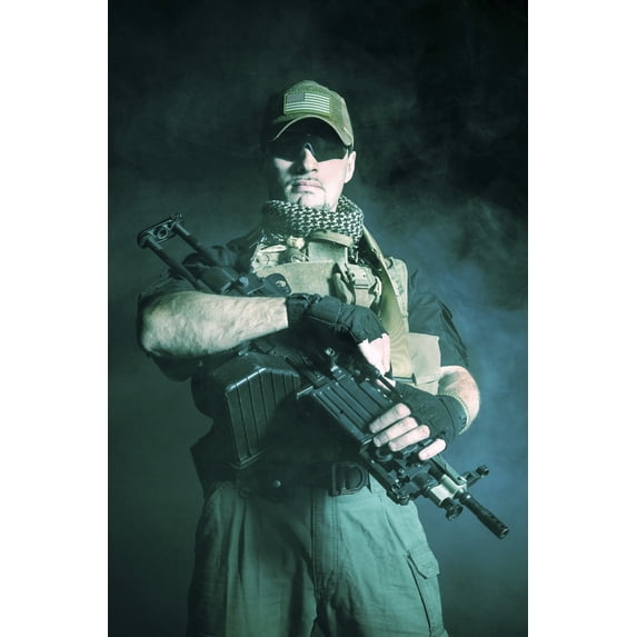 Private military contractor PMC with assault rifle on dark background. Poster Print by Oleg Zabielin/Stocktrek Images (11 x 17)
