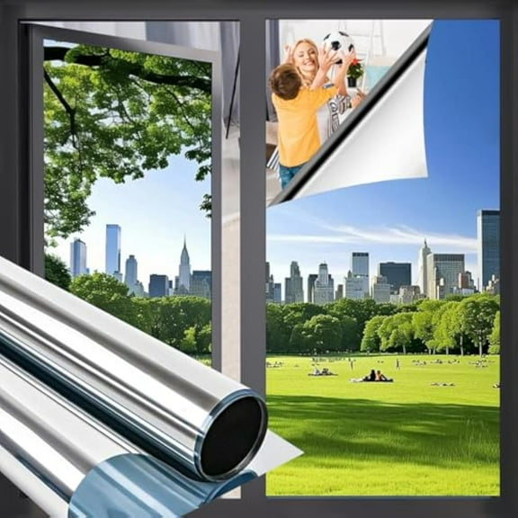Privavue One Way Window Film, One Way Window Film Day and Night with Installation Tools, Privacy Silver Household Removable Window Tint for Home, No Trace, No Glue (M)
