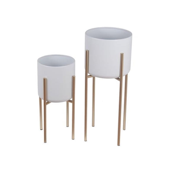Privilege 71316 9.5 x 9.5 x 22.5 & 7.5 x 7.5 x 16.5 in. Metal Planters, Gold & White - Set of 2