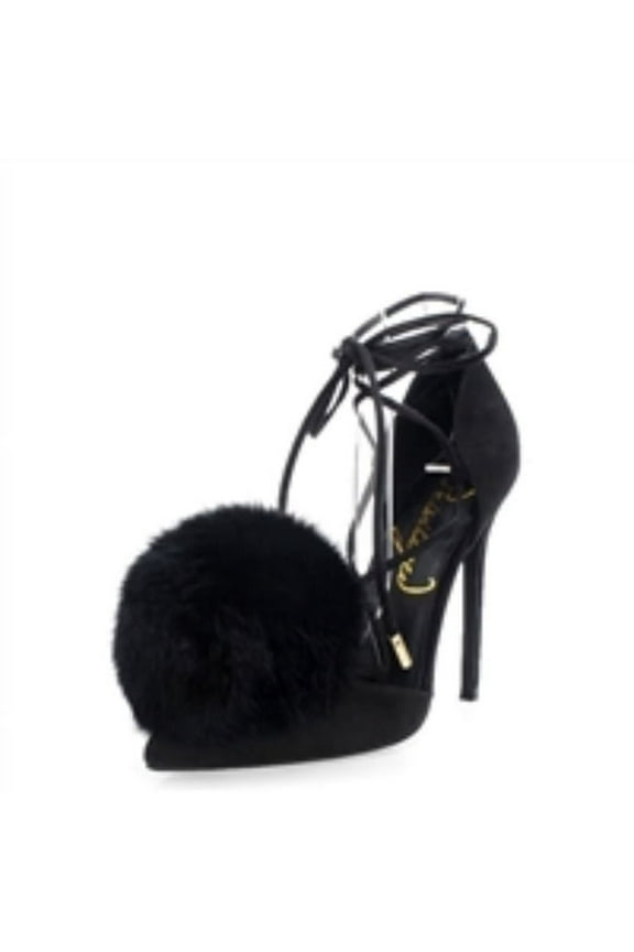 Bel Air Black Suede Pointed Toe Fur Pom Pom Tie Up Sexy Dress Pumps (Black, 6.5)