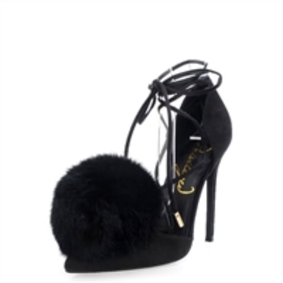Privileged Bel Air Black Suede Pointed Toe Fur Pom Pom Tie Up Sexy Dress Pumps (Black, 6)