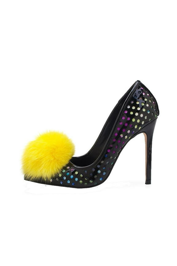 Dulce Black Multi Laser Cut Polka Dot Pom Pom Fur Funky Sexy Pumps (Black Multi, 7)