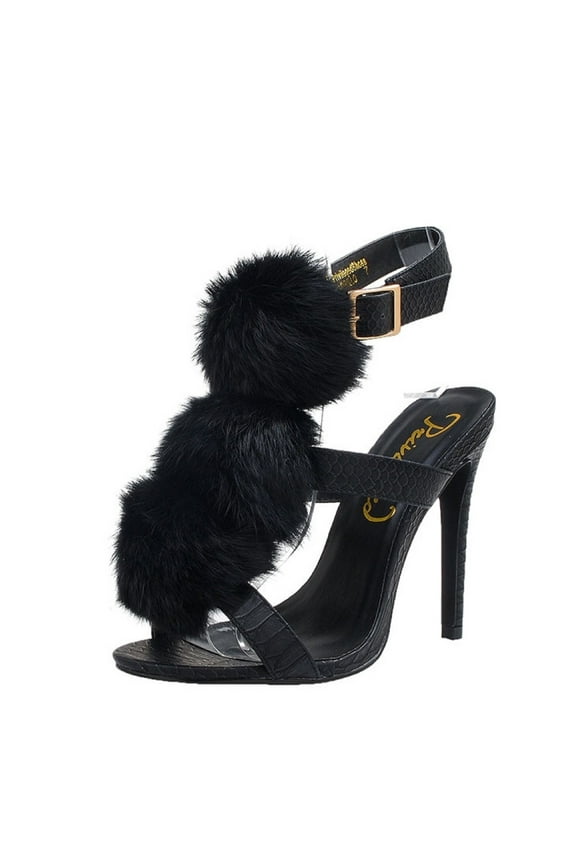 Madrillo Black Vegan Leather High Single Sole Statement Fur Sandals (6)