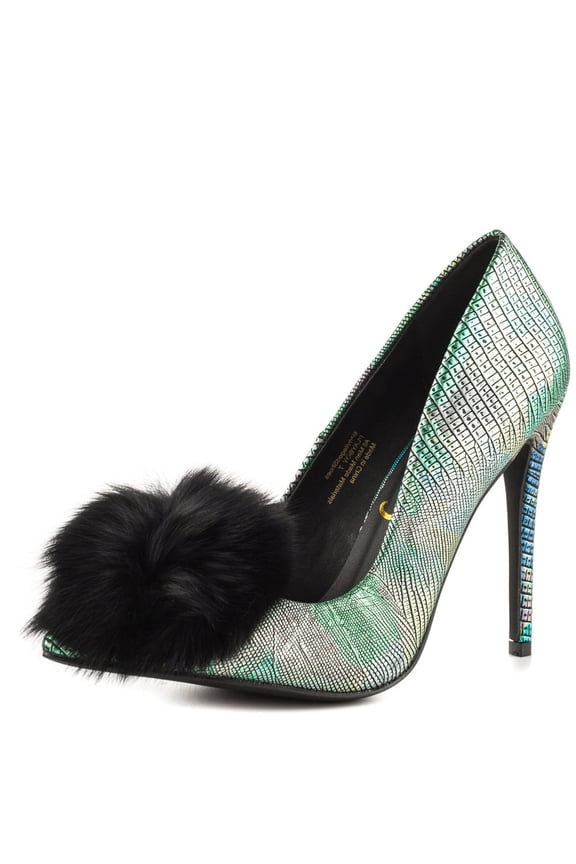 Play Boy Black Multi Pointed Toe Fur Pom Pom Stiletto Heeled Pumps (Black Multi, 7.5)