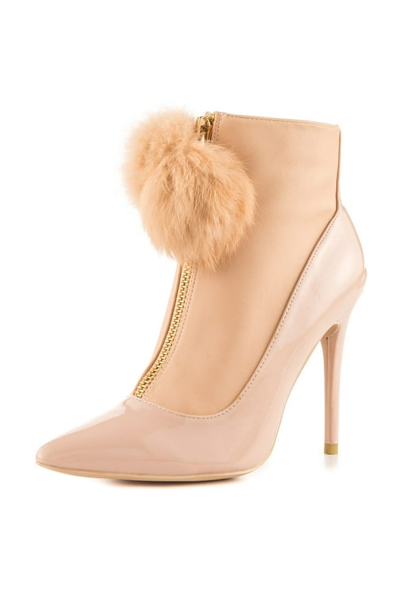 Queda Blush Patent / Matt Pointed Toe Fur Pom Pom Gold zipper Booties (8)