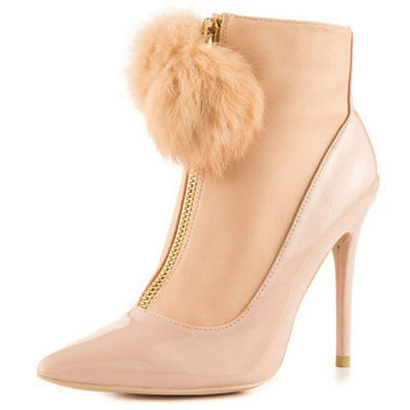 Privileged Queda Nude Patent Pointed Toe Fur Gold Zipper Dress Booties-Beige (Nude Patent, 11)