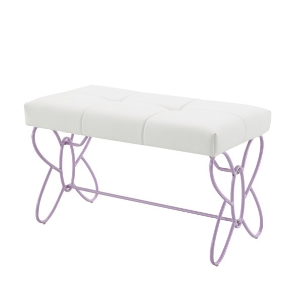 Priya II White Tufted Synthetic Leather Bench Light Purple Butterfly Pattern Powder Coated Metal Base Backless Armless Accent Stool Flat Pack Entryway Bedroom Vanity Bench