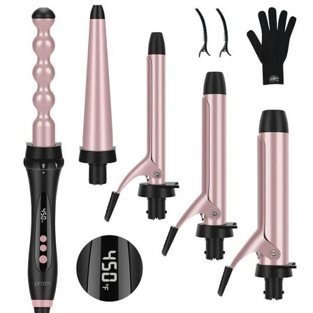 Prizm 5 in 1 Curling Irons for Hair, Professional Ceramic Hair Curling Wand with Clips(0.6" to 1.25"), LED Display, Instant Heat Up, Rose Pink