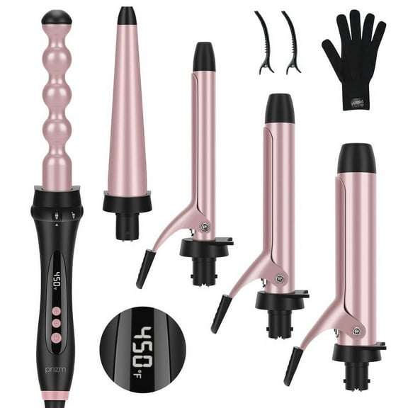 Prizm 5 in 1 Curling Irons for Hair, Professional Ceramic Hair Curling Wand with Clips(0.6" to 1.25"), LED Display, Instant Heat Up, Rose Pink