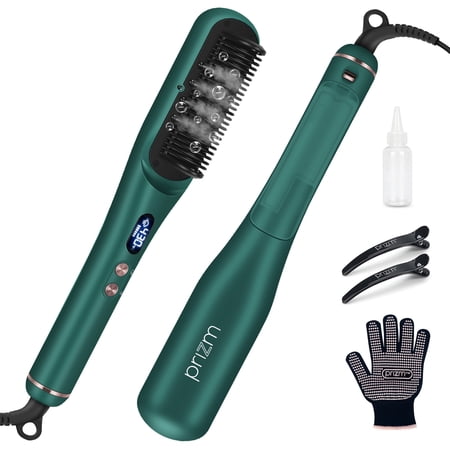 Prizm Steam Hair Straightener Brush, Dual Voltage & 4 Adjustable Temperatures, LCD Display with Ion Technology for Silky Straight Hair, Dark Green