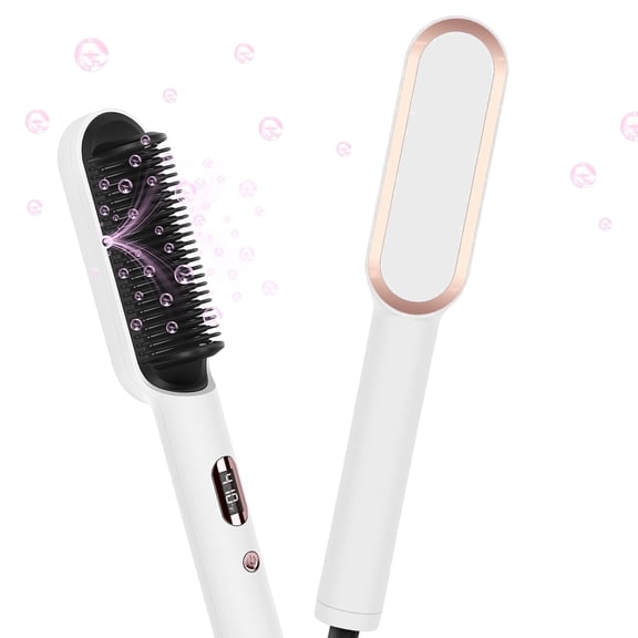 GEM Ionic Hair Straightener Brush with 4 Temperature Settings, LED Display, Dual Voltage, White