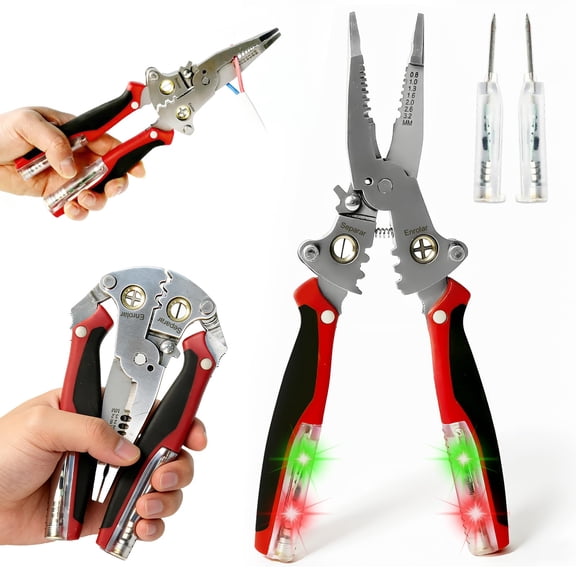 Pro 10 in 1 Wire Stripping Pliers with Voltage Detector, 2026 Upgrade Multi-purpose Wire Crimper Electric Stripping Tool 12-250V AC/DC Tester for Hot/Neutral Wires, Car Repair Tool (Red)