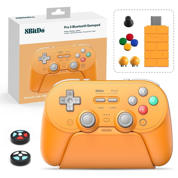 Pro 3 Bluetooth Controller with TMR Joysticks, Swappable ABXY Buttons, Pro Back Buttons, Charging Dock, Hall Effect Triggers for Switch/Switch 2, Windows, Apple, SteamOS, Android (Orange)