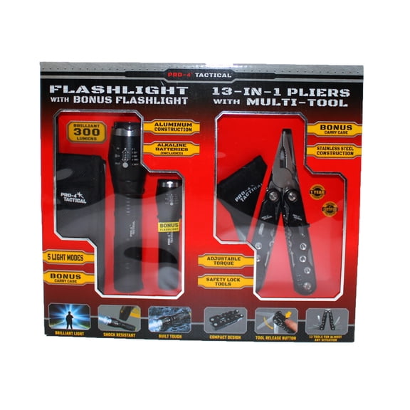 Pro-4 Tactical Gift Set, 300 Lumin Flashlight, 13-in1 Pliers with Multi-Tool, and Bonus Flashlight