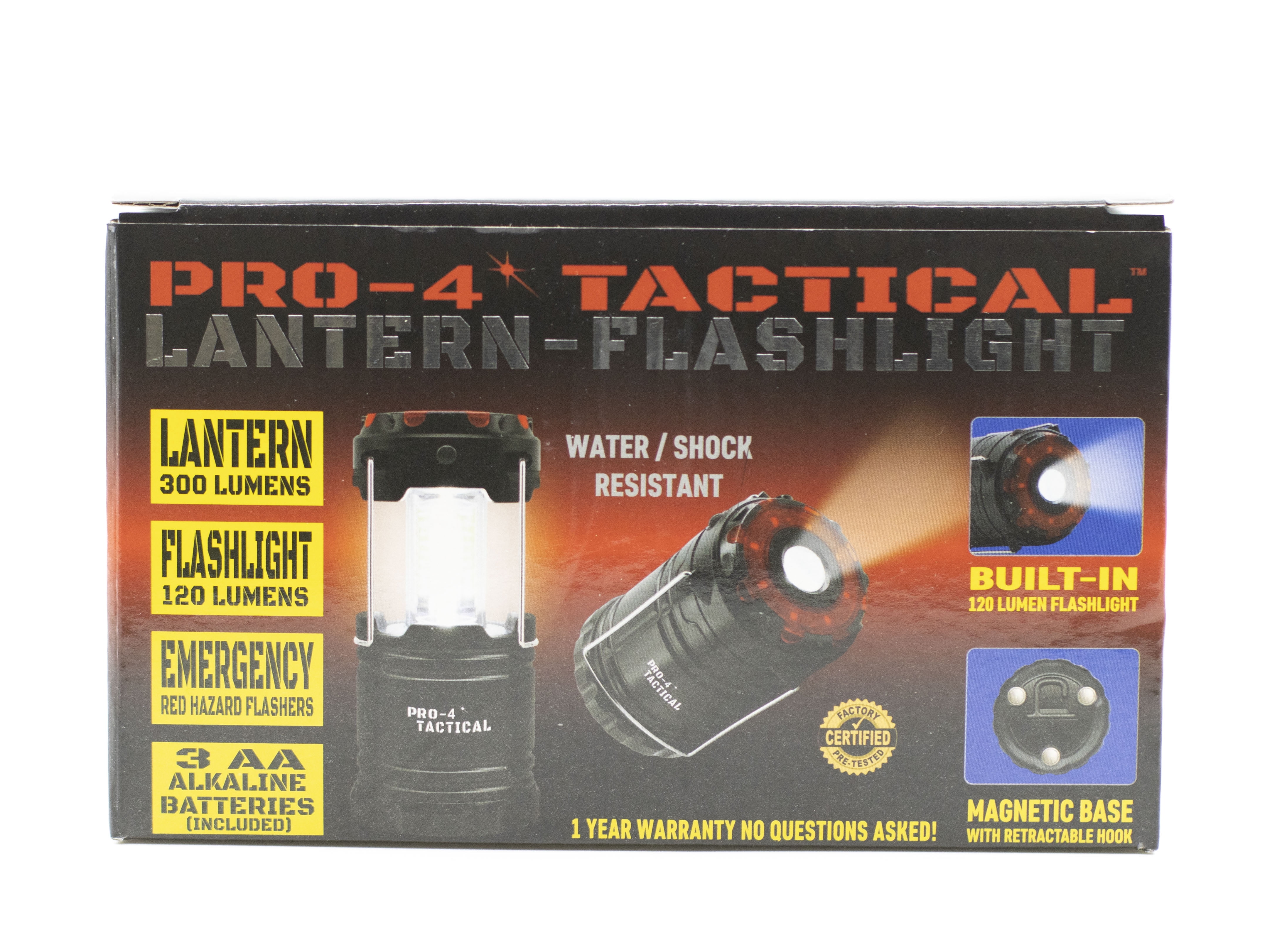 Pro-4 Tactical Portable Lantern with Bright Light, 300 Lumens, Magnetic Base, Emergency Red Hazard Flasher, and 3 AA Batteries Included