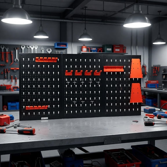 Pro 4 ft Metal Pegboard Tool Organizer | Heavy Duty Wall Mounted Workshop Storage System w/ 3 Panels, Hooks, Wrench & Drill Bit Racks for Garage, Warehouse & Tool Wall Organization, Black