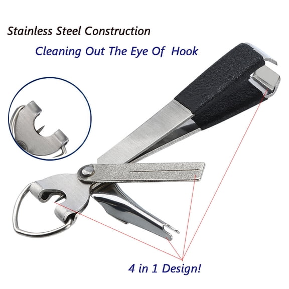 Pro 4-in-1 Fishing Knot Tying Tool - Line Nipper & Nail Clippers, Stainless Steel, Leather Handle - Knot Tyer, Line Cutter, Eye Cleaner, Sharpener