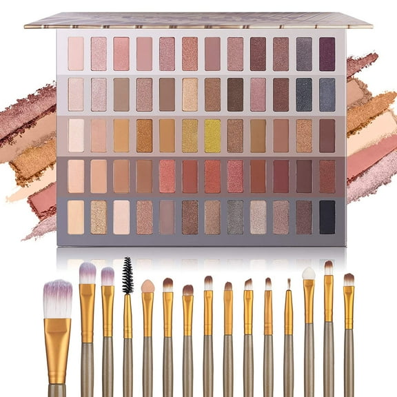 Pro 60 Shades Eyeshadow Palette + 15 pcs Makeup Brushes Set, Matte Metallic Smokey Eye Shadow,Synthetic Powder Cream Blending Brush Neutral Pallet Kit(Neutral Set)