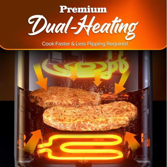 Pro 6QT Air Fryer with Large Square Viewing Window, Base and Upper Heating, 12 Presets for Chicken Wings, Steak, Fries, Pizza and More, Non-Stick and PFOA-Free, Fast and Oil Free Cooking