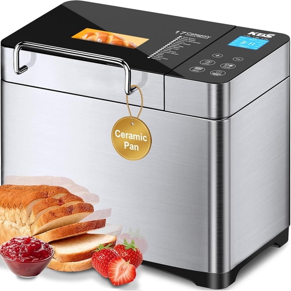 Pro 710W 2LB Bread Maker, Stainless Steel 17-in-1 Smart Machine with Healthy Ceramic Pan, Automatic Nut Dispenser, Tempered Glass Touch Panel, 3 Crust Colors, 15H Timer& Keep-Warm, Recipes