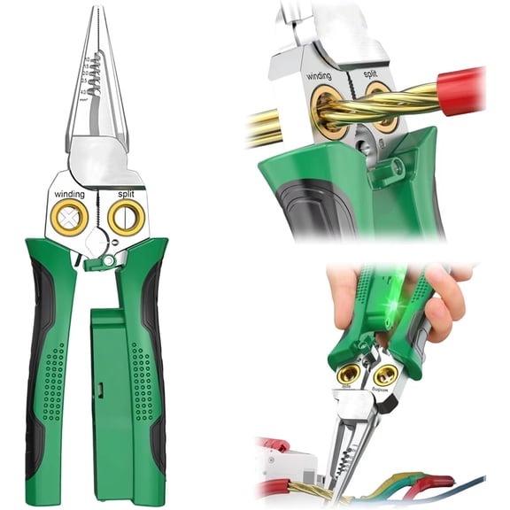Pro 8-in-1 Wire Stripper/Cutter with Voltage Tester & Dual Alarms - Heavy Duty 12-250V AC/DC Electrical Tester for Hot/Neutral Wires - Electrician, HVAC, Car Repair Tool (Green)