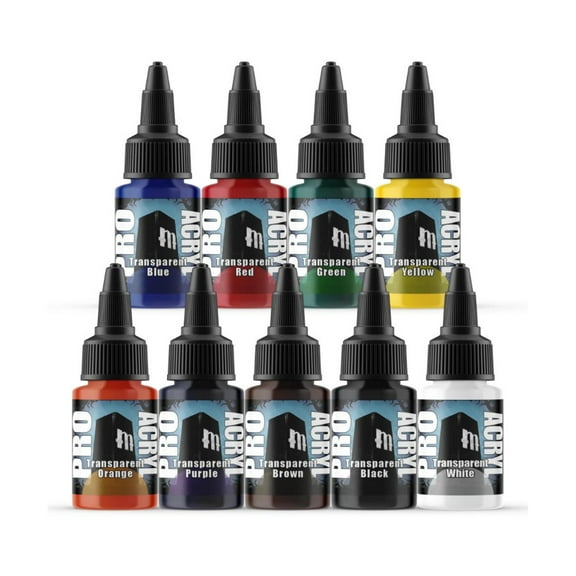 Monument Hobbies Pro Acryl Expansion Set #2 - Transparents! Acrylic Model Paints for Plastic Models - Miniature Figures Painting, no-clog cap, comes loaded with glass agitator