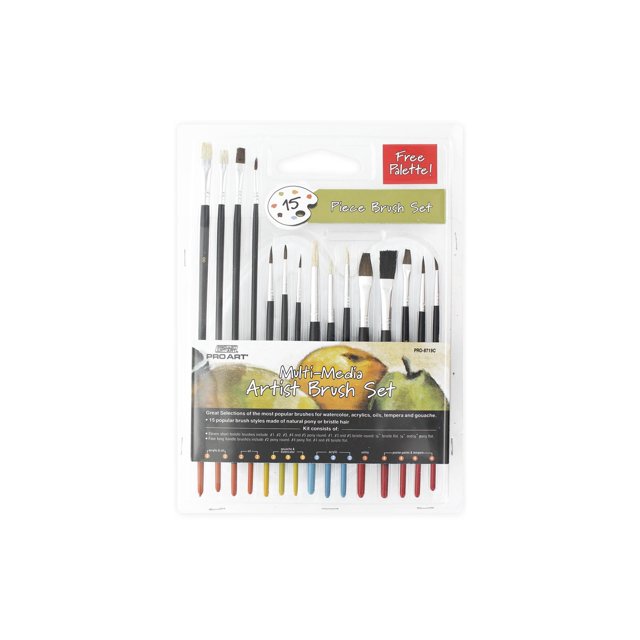 Pro Art Brush Set Multi Media W/Palette 15pc, Paint Brushes, Acrylic